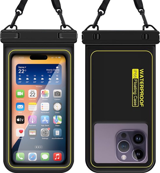 TTD® Waterproof Phone Case Floating - 2 Pieces - Stays on Water Floating - With Adjustable Carrying Cord - Touchscreen, Camera and Face ID Remain Usable - Double Clip Closure - Suit pour les téléphones jusqu'à 6.8 Inch
