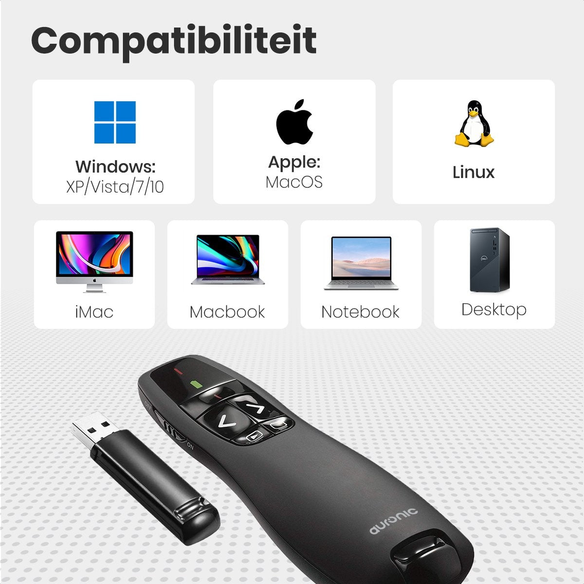 Auronic Presenter - Sans fil - Pointeur laser - Clicker de présentation - 20 mètres - avec étui - noir
