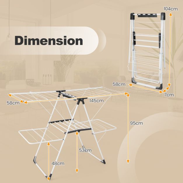Porte-vêtements pliable avec 2 niveaux Ailes réglables en hauteur 33 rails de séchage et pinces à chaussettes Porte-vêtements autoportant pour l'intérieur et l'extérieur