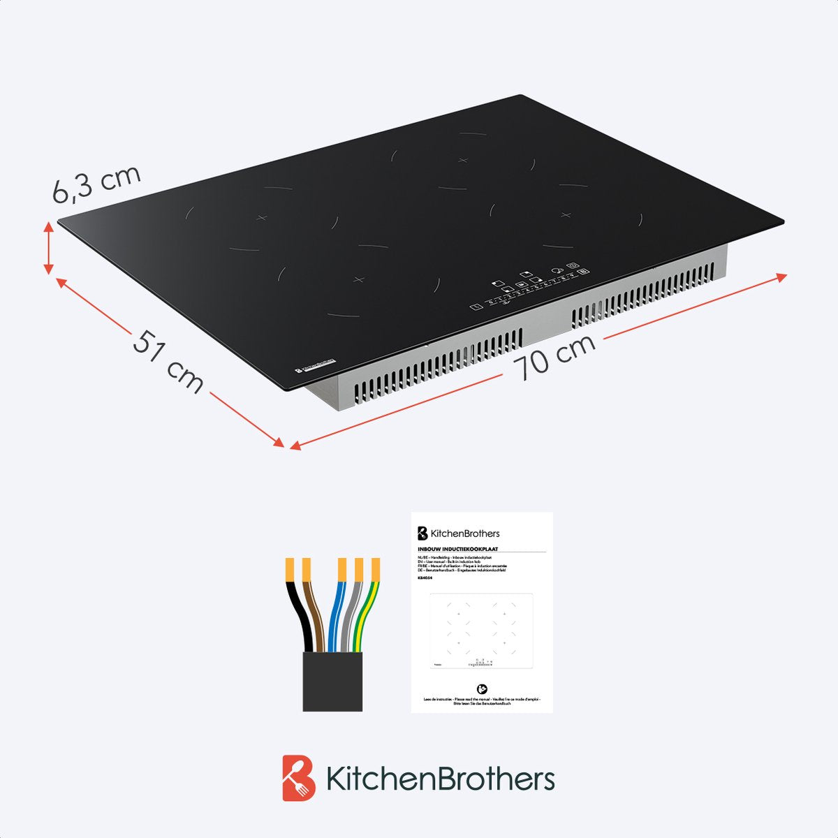 KitchenBrothers Table de cuisson à induction - Table de cuisson à induction encastrable - 70 cm - 4 zones - 1 et 2 phases - Jusqu'à 2300W - Noir