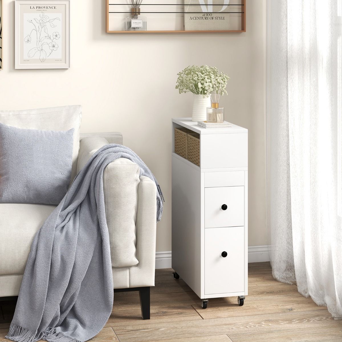 Meuble de rangement étroit Coast sur roulettes - 2 tiroirs - 2 paniers en rotin - 50 x 19 x 72 cm - Blanc