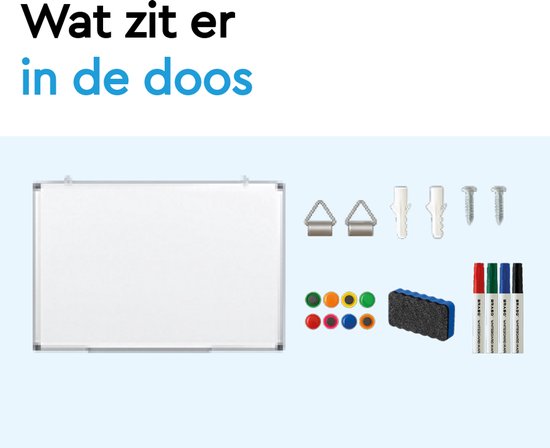 BRASQ Tableau blanc 60x90 cm magnétique - avec accessoires (marqueurs, gomme, aimants) - Tableau noir - Tableau magnétique - Blanc