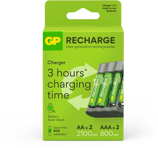 Chargeur de piles GP Recharge pour piles AA et AAA – 4 emplacements, port USB, recharge rapide et sûre, chargeur compact avec piles rechargeables : 2 x AA 2100 mAh / 2 x AAA 800 mAh