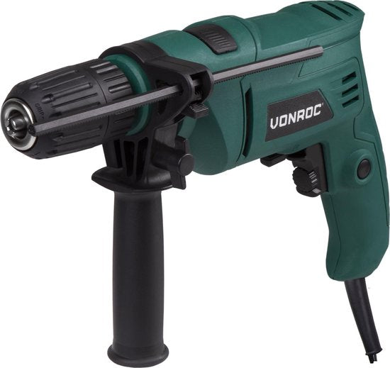 VONROC Perceuse à percussion - 500W - Mandrin rapide - Poignée latérale, butée de profondeur et sac de rangement inclus