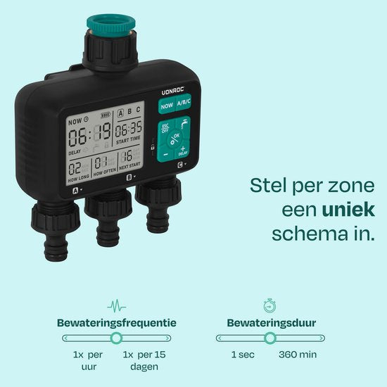 VONROC 3-way water timer - Ordinateur d'arrosage pour 3 zones - Temps et fréquence d'arrosage réglables par zone
