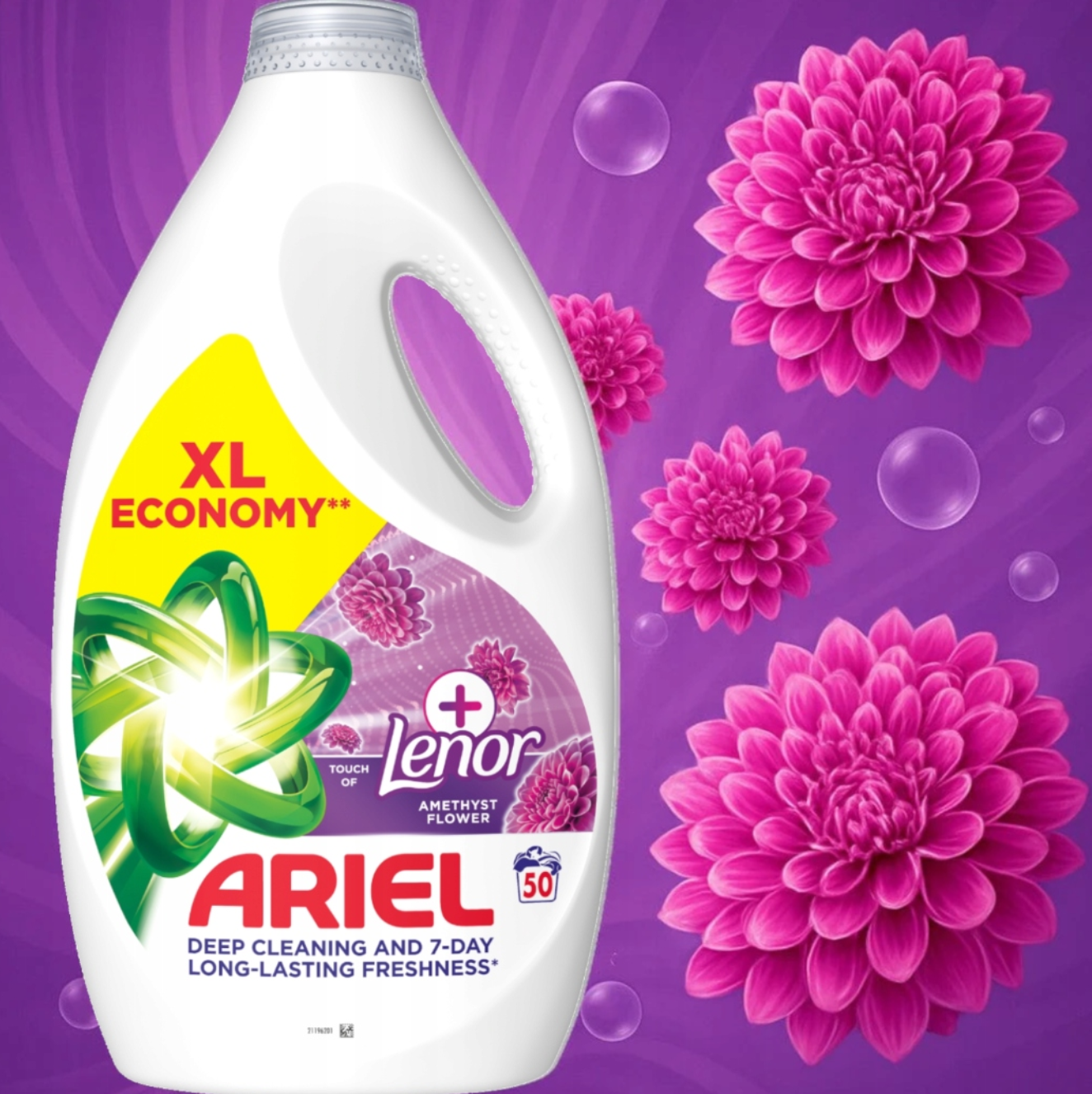 Lessive nettoyante en profondeur Ariel au parfum Lenor Améthyste Fleur - 2,25 litres - 50 lavages