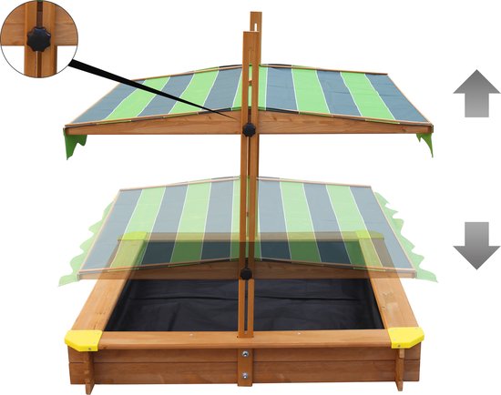 Bac à sable en bois AXI Lily avec toit réglable, couleur marron/vert - Avec bancs, bâche de sol et housse de protection - Bois certifié FSC - 118 x 118 cm