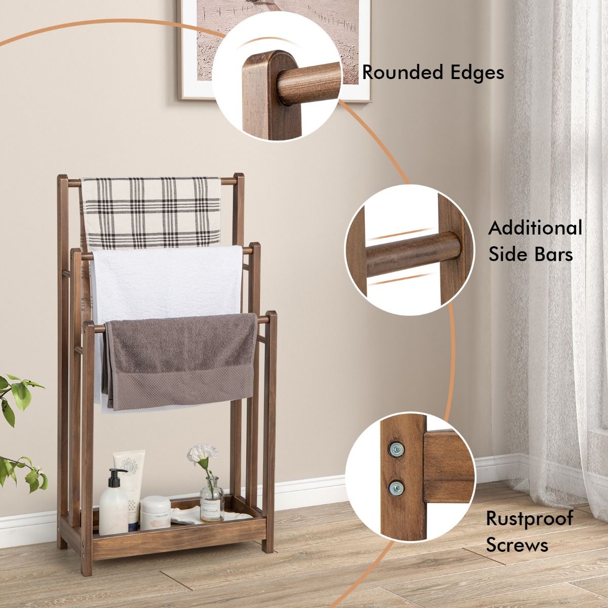 Porte-serviettes Coast avec 3 tiges - Protection contre l'inclinaison - Pin - 45 x 22 x 86 cm - Rustic Brown