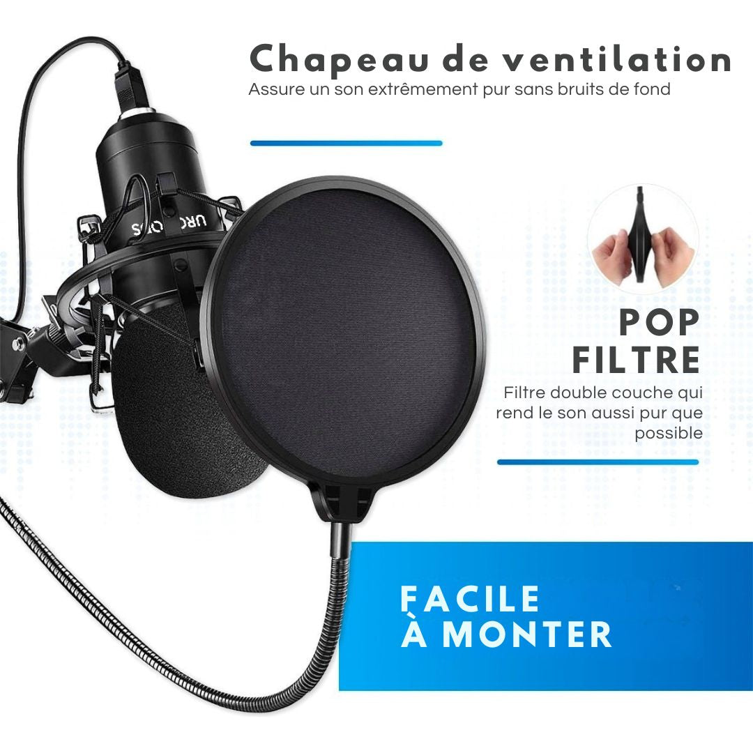 Microphone à condensateur avec bras - Urgoods - Gaming - Cardioïde - pour PC - USB - Avec support - Filtre de bruit - Streaming - noir