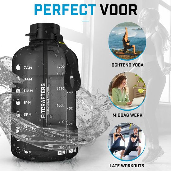 Bouteille d'eau Fitcrafters avec marqueurs de temps - Bouteille de motivation - 2L - Sans BPA - Noir