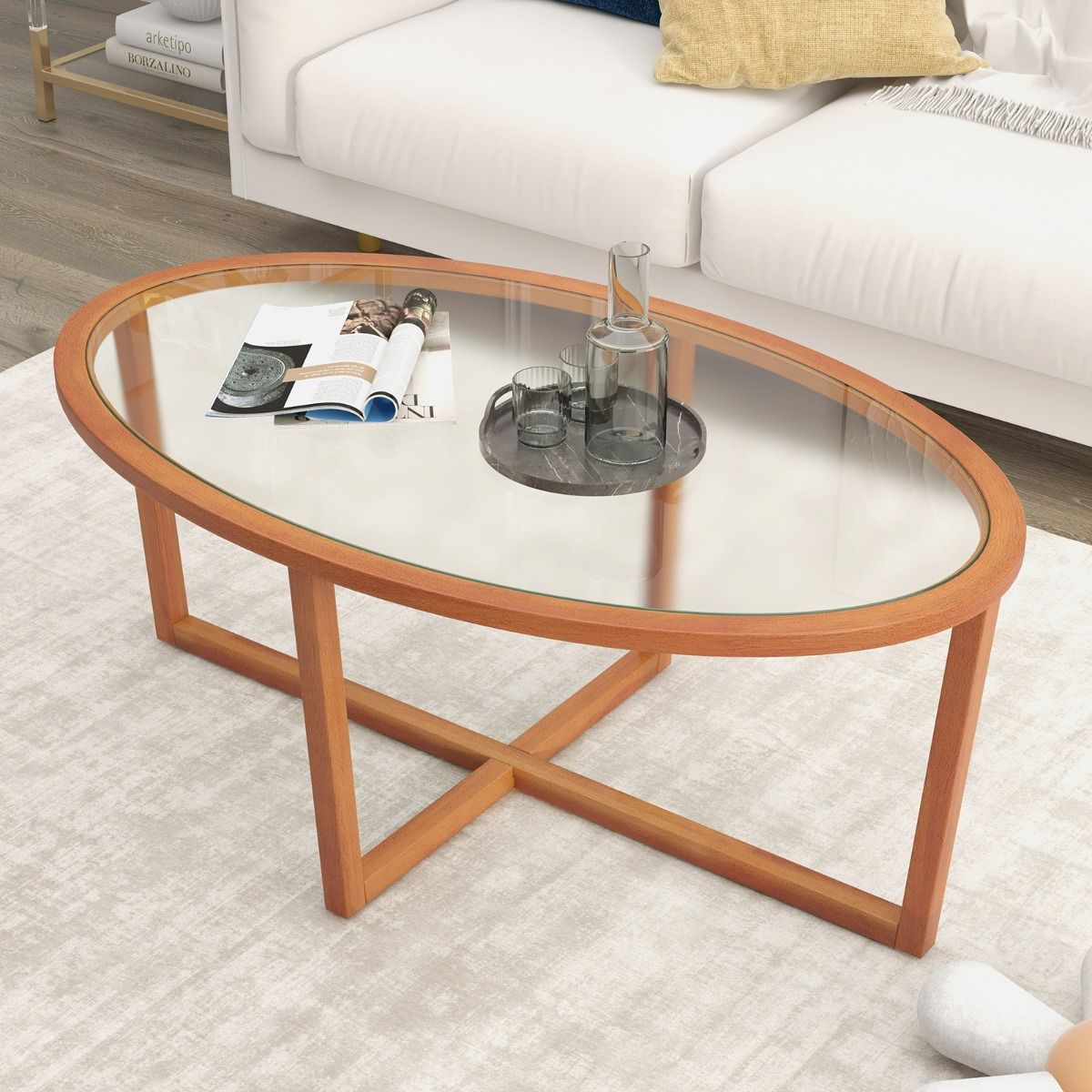 Table basse Coast - verre trempé ovale - piètement en croix en bois d'acacia - marron - 118 x 71,5 x 47,5 cm