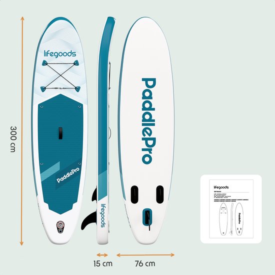 LifeGoods SUP Board All-round Compact - avec siège - capacité de charge de 100 KG - 300 x 76 cm - gonflable - ensemble complet de SUP - Deep Aqua