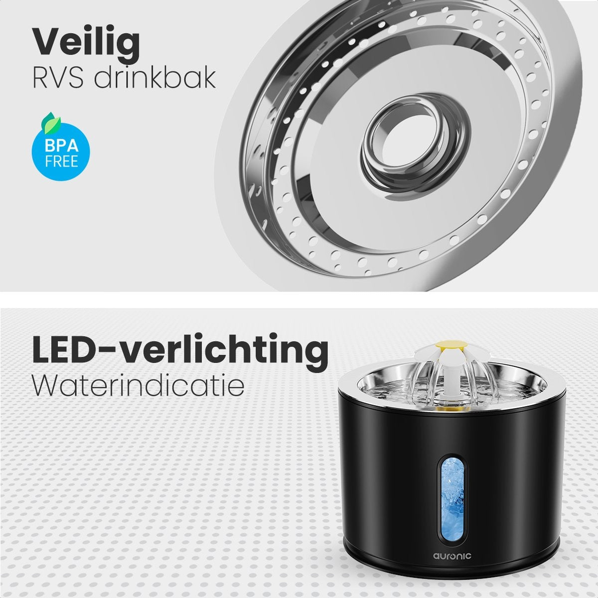 Abreuvoir Auronic - Fontaine à eau pour chats et chiens - 2.4L - Abreuvoir pour animaux - 3 filtres et 2 brosses inclus - Noir