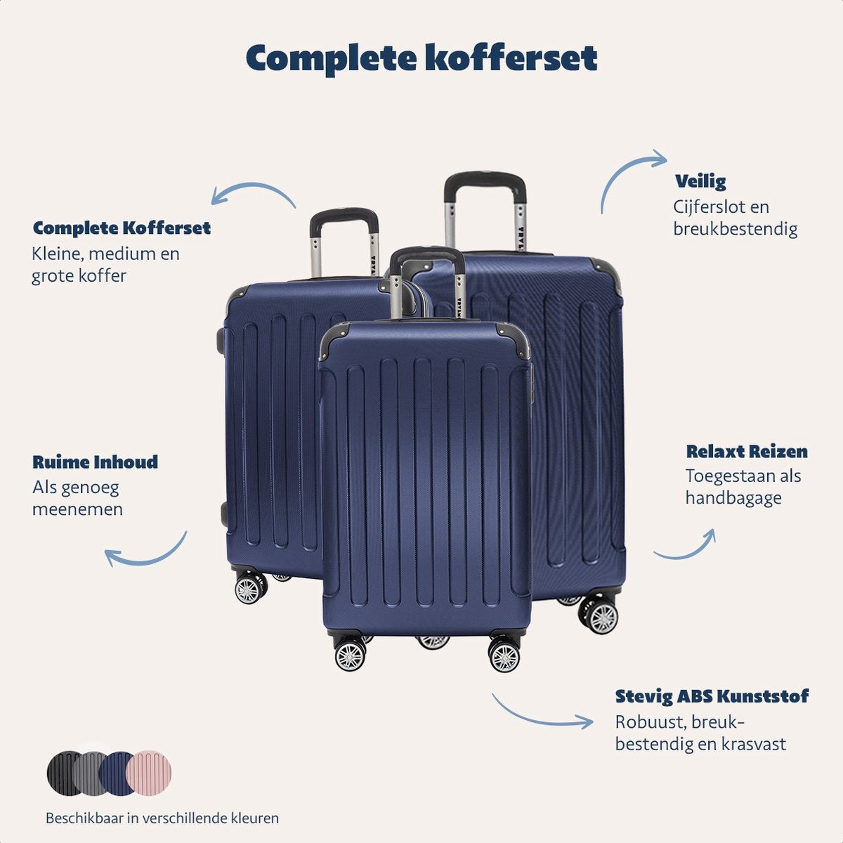 Set de valises TRVLMORE - 3 pièces - 38L + 70L + 110L - Bleu foncé