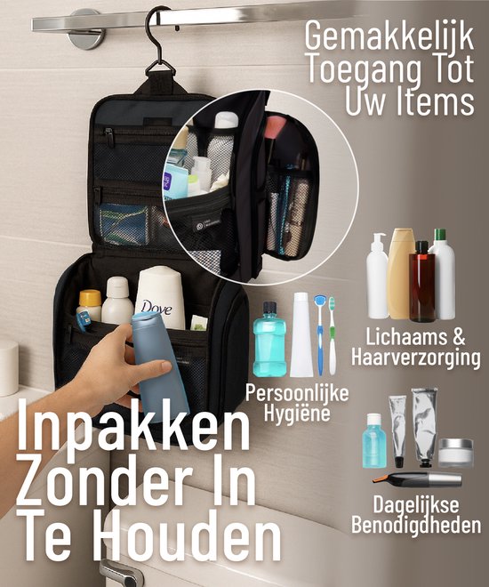 Trousse de toilette D&D Wanderlust avec crochet - Organiseur de voyage de luxe à suspendre avec 10 compartiments - Noir - Unisexe (femmes et hommes) - Capacité de 6 litres - Grande trousse de toilette de voyage à suspendre - Trousse à maquillage