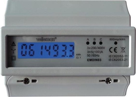 Velleman Professional kWh meter, 3 phases, pour montage sur rail DIN, avec écran LCD et LED d'impulsion, max 100 A