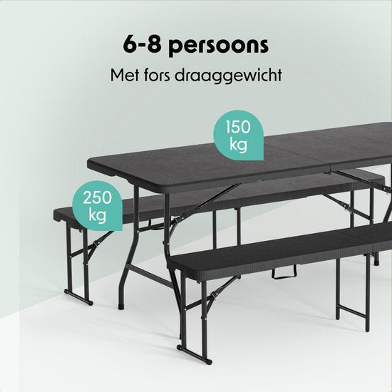 LifeGoods Set de pique-nique pliable - 180cm x 74cm - Table de jardin avec 2 bancs - Résistant aux intempéries - Table de camping - Table à bière pliable - Pour l'intérieur et l'extérieur - Pour 6 à 8 personnes - Rotin Noir