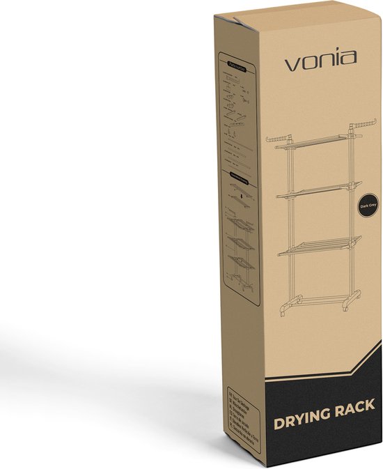 Vonia Tour de séchage - Portoir à vêtements - Portoir à linge - 3 couches - Pliable - 72x50x172 cm - Gris foncé