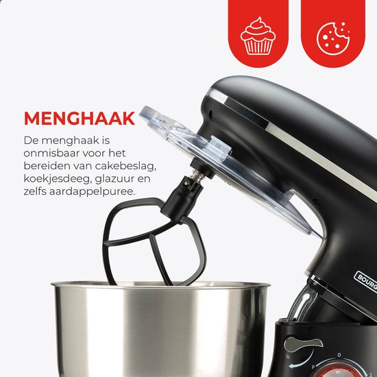 Bourgini Kitchen Chef Plus - Robot de cuisine XL - Bol de 6,2 L - Robot ménager - 3 accessoires - Mixeur de cuisine - Pétrissage de 1,2 kg de pâte à pizza/à pain