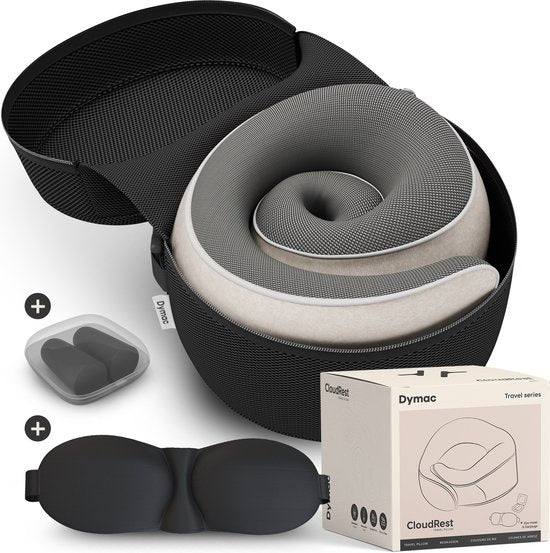 Dymac CloudRest Travel Pillow - Oreiller de cou - Soutien de la nuque - Oreiller de voyage en mousse à mémoire de forme - Comprend un masque pour les yeux et des bouchons d'oreille - Avec pochette de voyage - Beige