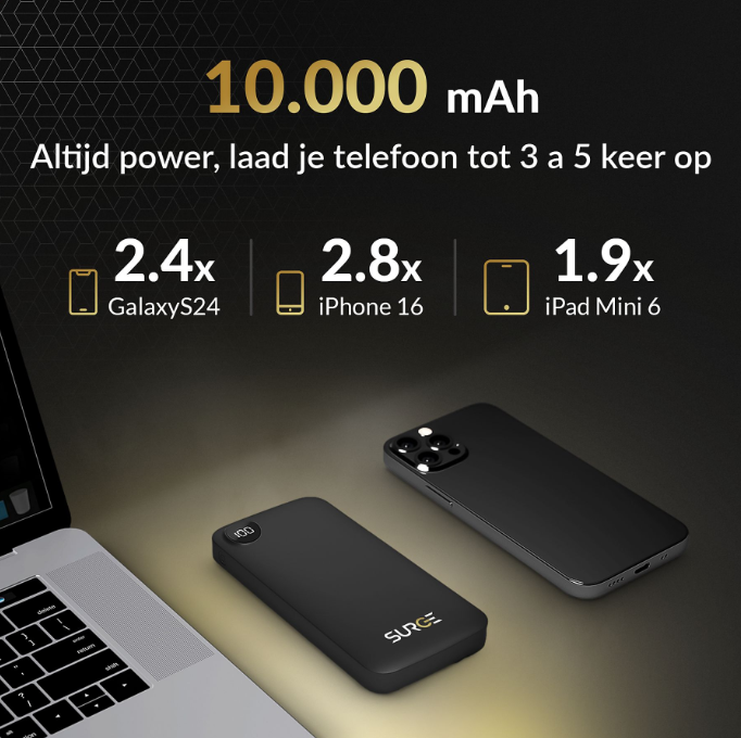 Surge C-Twin Powerbank 10 000mAh 22,5W - 2x USB-C + USB - Noir - Compact 14,2 x 6,8 x 1,6 cm