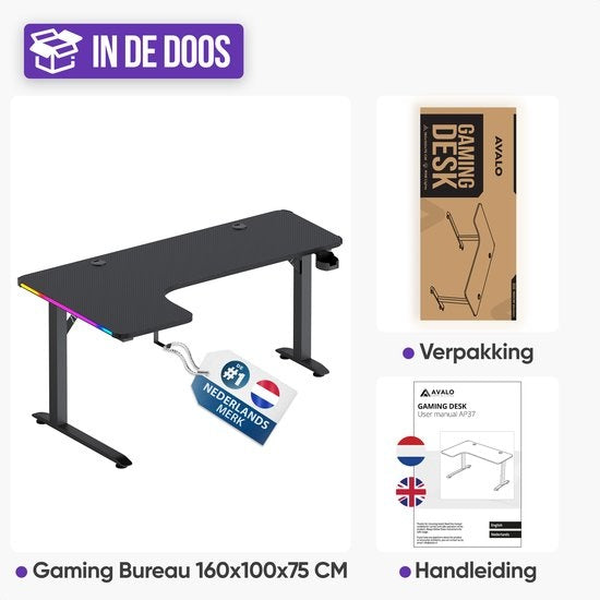 Avalo - Gaming Desk & L-Shaped Corner Desk - 160x100x75 cm - Avec éclairage LED RGB - Porte-gobelet et crochet pour casque - Acier inoxydable & ABS - Noir