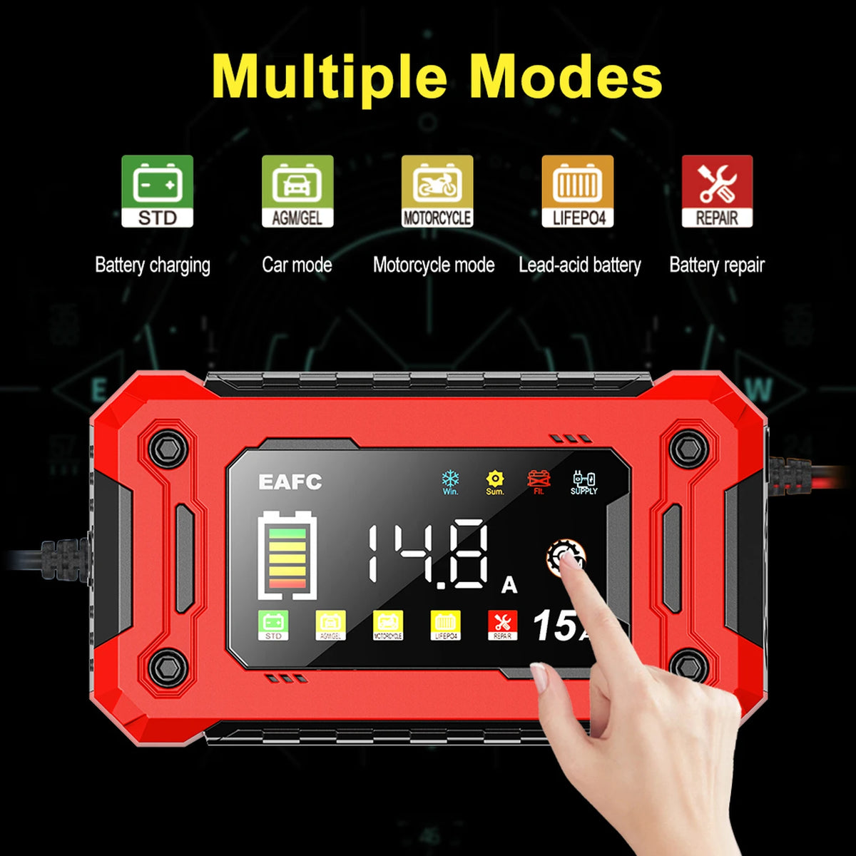 Chargeur de batterie automobile Eafc 12 V 15 A - Grand écran HD - Réparation par impulsions - Batteries au lithium, AGM, plomb-acide et gel