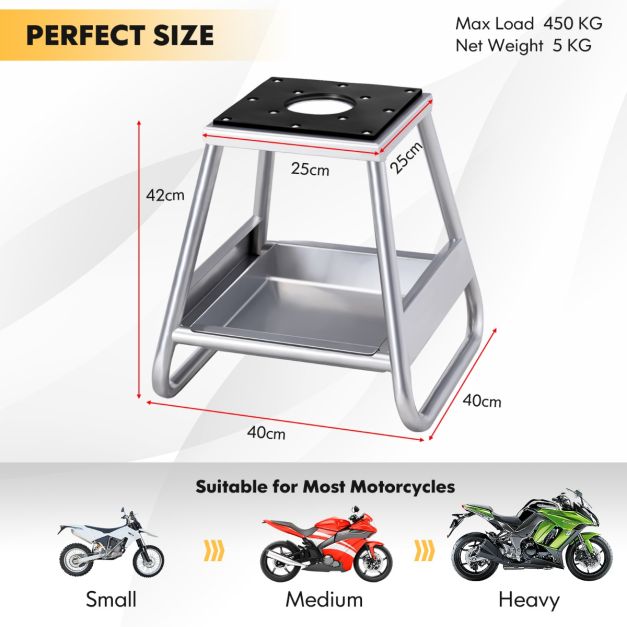 Béquille de levage pour moto Coast Cross - Surface antidérapante & bac de récupération d'huile inclus - max 450 kg - 40 x 40 x 42 cm - Silver