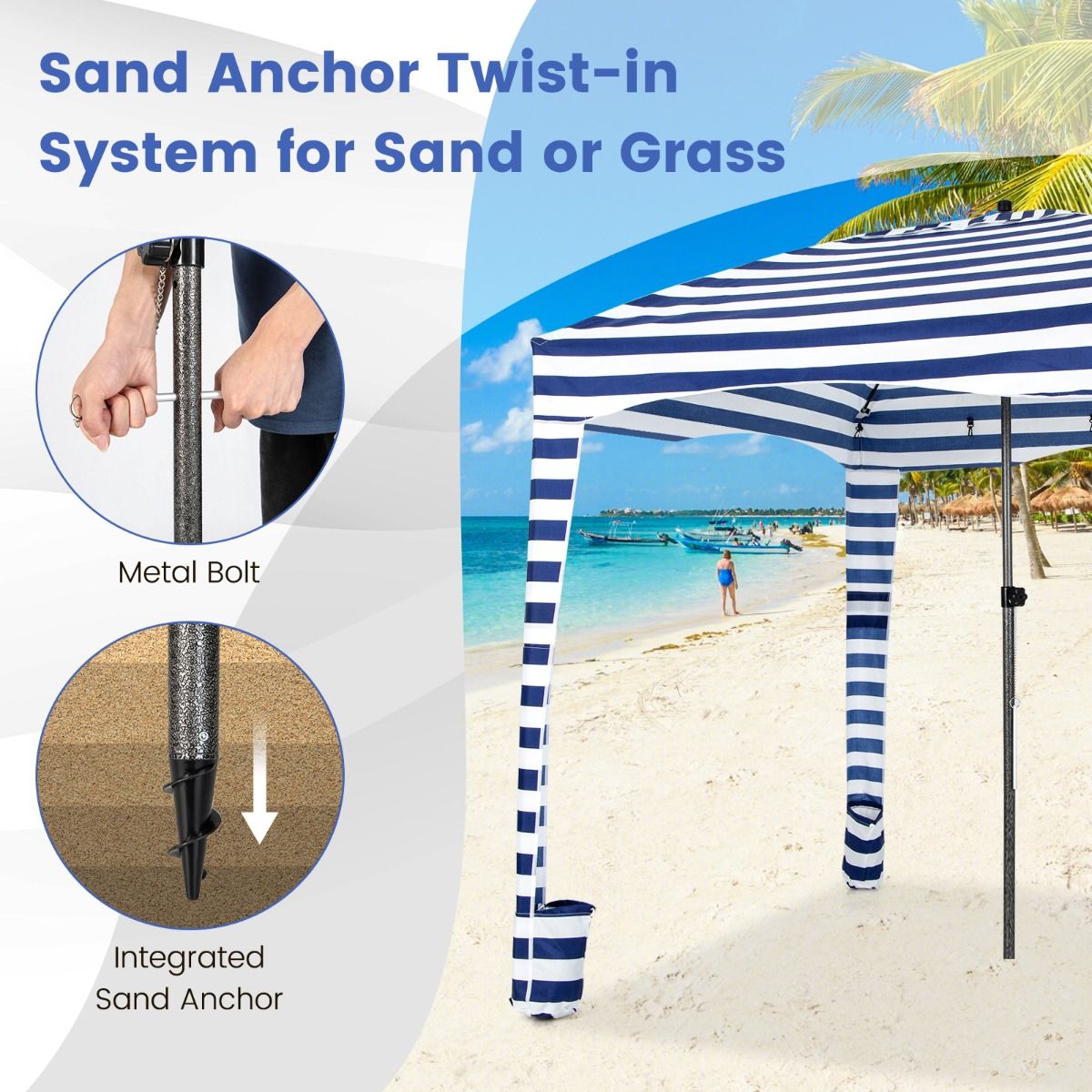 Tente de plage pliable Coast - Avec sac de transport - Paroi latérale amovible - 183 x 183 x 215-240 cm - Bleu avec blanc