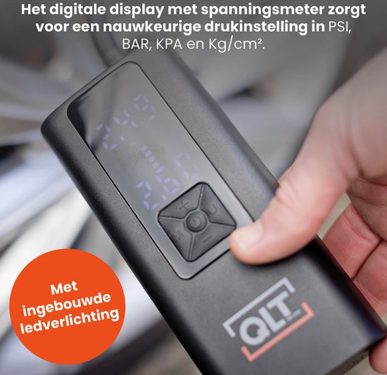 QLT Compresseur d'air sans fil Pro et Powerbank en un - 4 accessoires et câble de chargement USB inclus - 10.3 Bar - avec éclairage LED - Noir