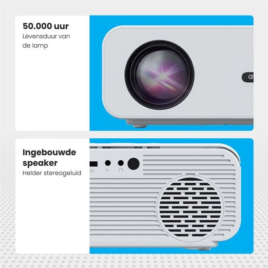 Projecteur 170 pouces - Auronic Beamer - Télécommande et sac de transport - 10 000 Lumens - WiFi - Full HD - Câble HDMI - Blanc