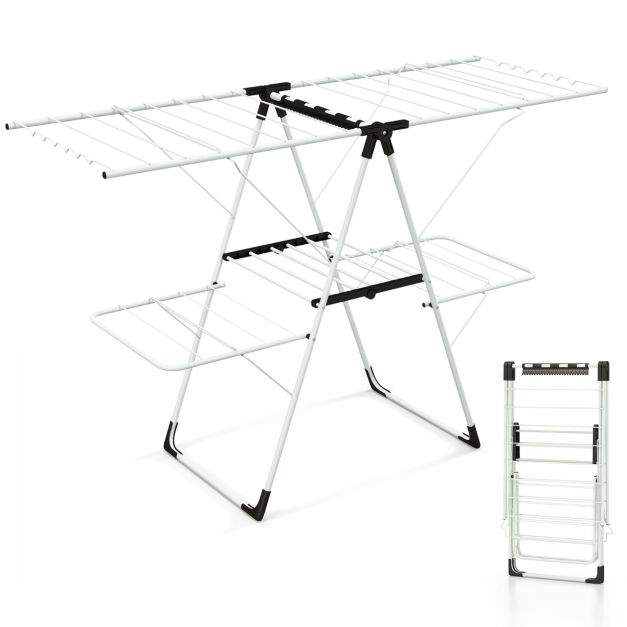 Porte-vêtements pliable avec 2 niveaux Ailes réglables en hauteur 33 rails de séchage et pinces à chaussettes Porte-vêtements autoportant pour l'intérieur et l'extérieur
