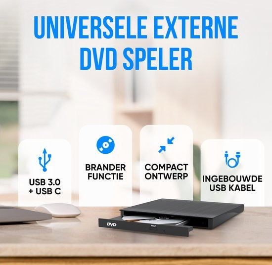 Strex External DVD Player And Burner - Avec pochette - CD/DVD - Plug & Play - USB 3.0 DVD Player - Convient à Windows, Mac et Linux - Lecteur optique