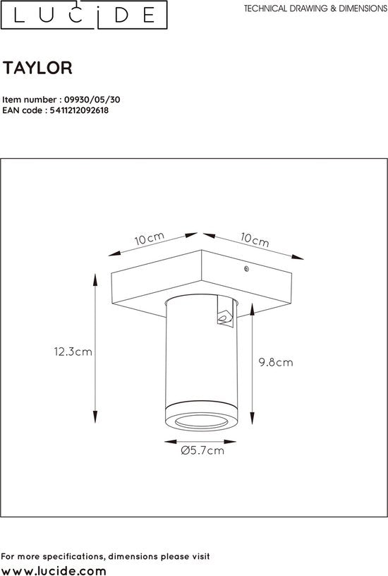 Lucide TAYLOR - Spot de plafond (lampe de plafond) pour salle de bains - LED « Dim to warm » - GU10 - 1x5 W 2200 K/3000 K - IP44 - Noir