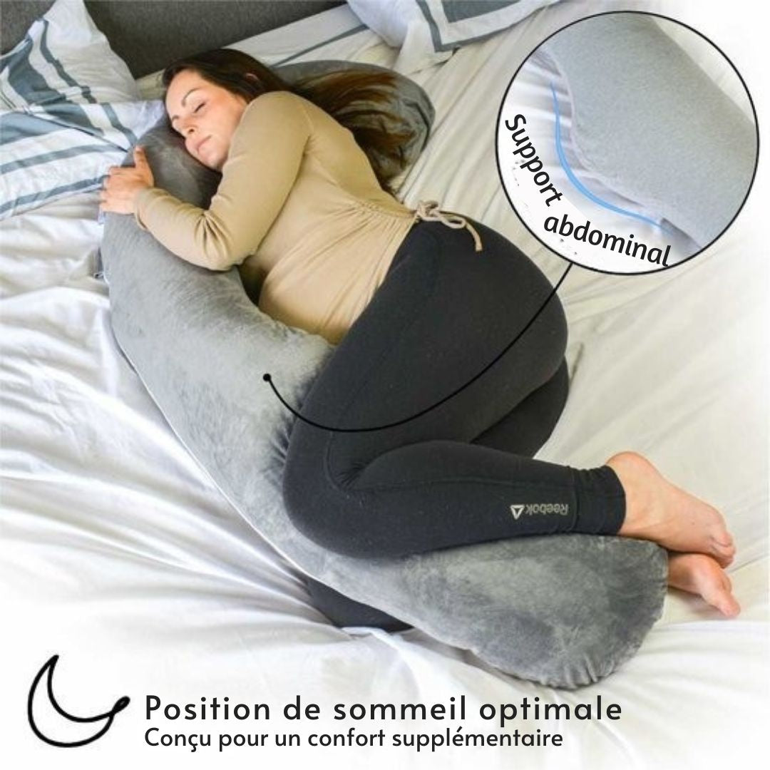 Oreiller de grossesse en forme de J - Ella® - Soutien optimal - confort pour le corps et l’allaitement - housse amovible en polaire Minky -155 cm - Gris