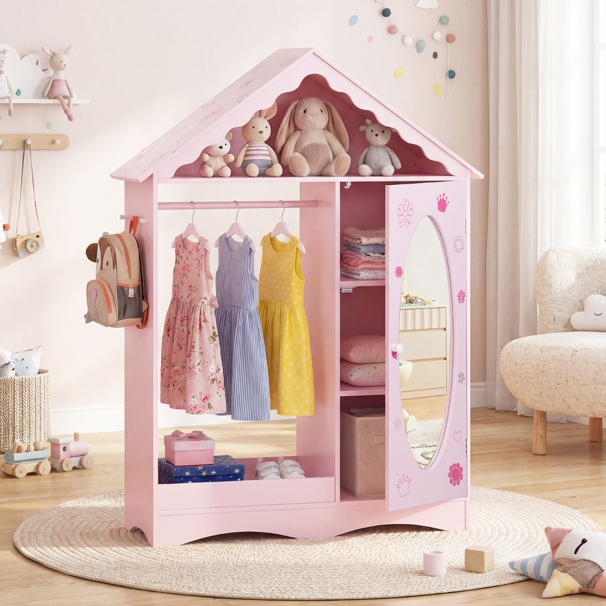 Armoire pour enfants Coast avec miroir - Design en forme de toit avec tringle, étagères et crochets - 85,5 x 30 x 121 cm - Rose