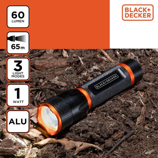 BLACK+DECKER Lampe de poche LED 60 Lumen - 1W - Pile AA (Excl.) - Portée 65M - 3 modes d'éclairage : Haut, Bas, Pulsé - Noir/Orange