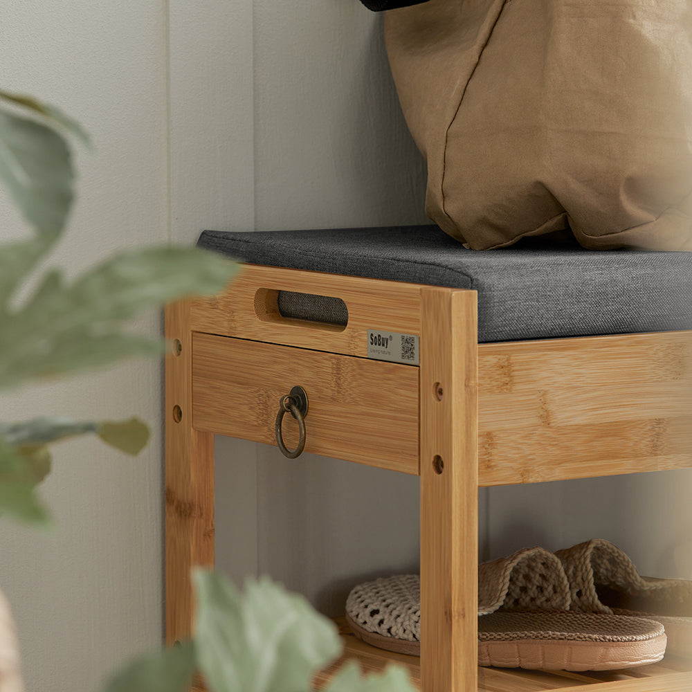 SoBuy FSR47-N Meuble à chaussures avec coussin de siège Tiroirs - Bambou - Avec 3 étagères