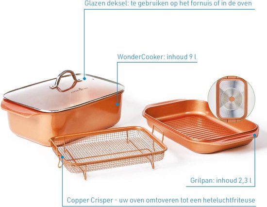 Livington Copperline WonderCooker - Set de cuisine 14 en 1 - cocotte, poêle à griller, mijoteuse et plus encore - Set de cuisine compatible avec tous les types de cuisinières, y compris à induction