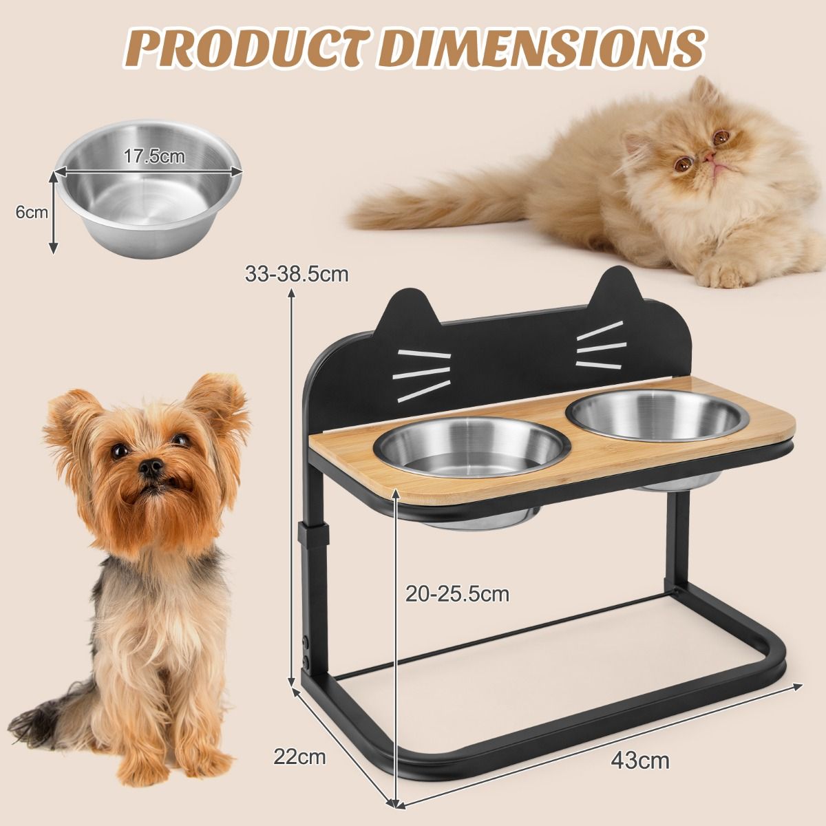 Station d'alimentation surélevée Coast pour chats et chiens - 43 x 22 x 33-38.5 cm - Noir et naturel - Hauteur réglable avec 2 bols en acier inoxydable
