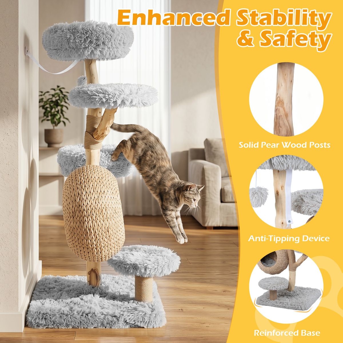 Arbre à chat Coast à cinq étages - niche pour chat tressée à la main - poteaux à griffer en jute - gris