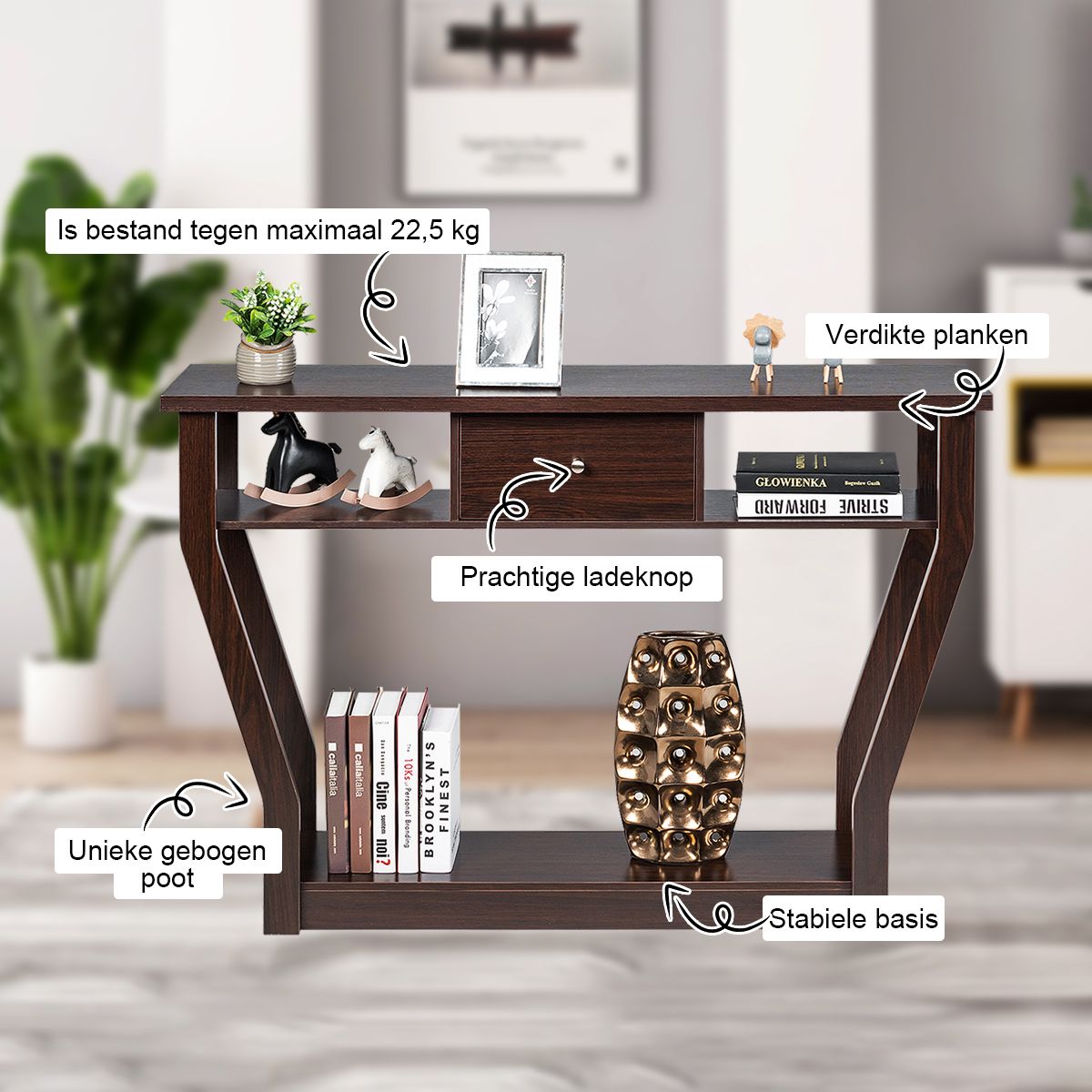 Table console Coast - 3 niveaux - Avec tiroir - MDF - 120 x 30 x 81 cm - Brun