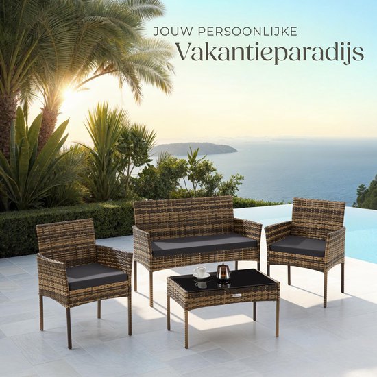 tectake® - Ensemble de jardin en osier Palese - Groupe de sièges pour 4 personnes - Ensemble de meubles de jardin avec banc de salon, table de jardin et 2 chaises de jardin, y compris les coussins d'assise - Meubles de jardin - Résistant à l'eau - Gris