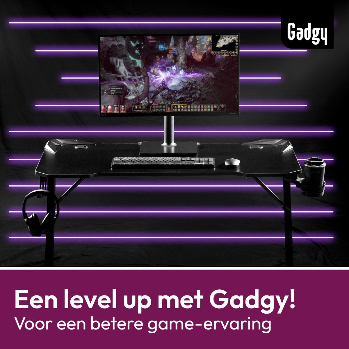 Gadgy Game Desk Carbon - Gaming Desk 110 CM Wide - Gaming Desk with Carbon Details - Gaming Table with Headphone Holder, Cup Holder & Cable Tunnel - Level Up Gaming with Gadgy - Black Carbon