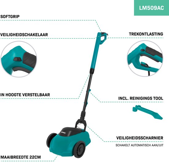 VONROC Mini tondeuse électrique - 350W - 22 cm - Tonte et mulching en un - Trois hauteurs de coupe réglables : 30mm, 40mm, 50mm - Outil de nettoyage inclus