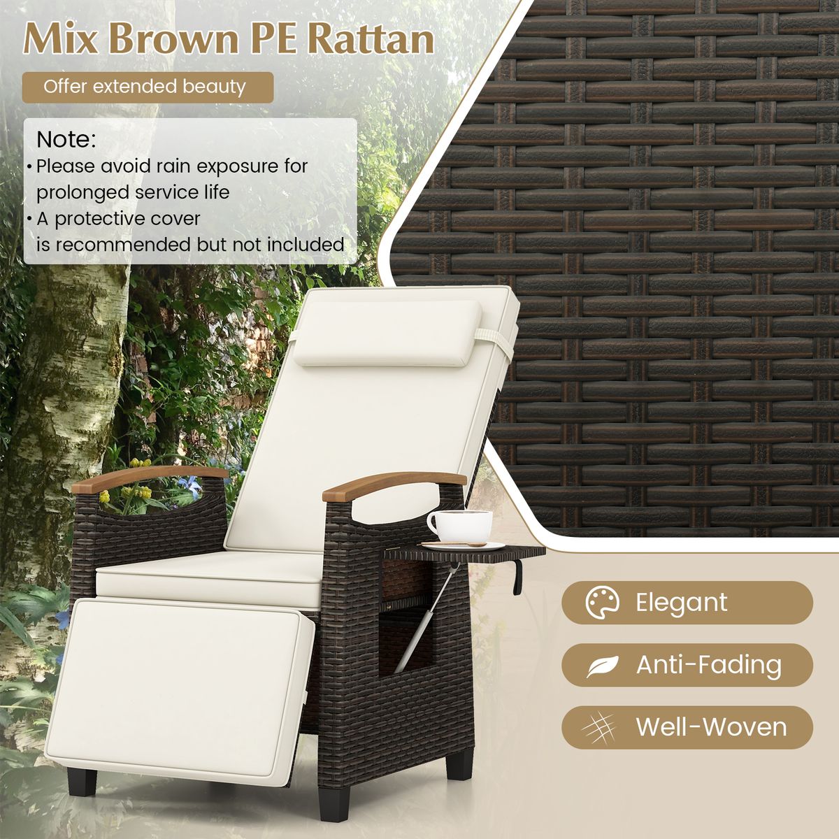 Fauteuil relax Coast en rotin - dossier et repose-pieds réglables - blanc - lot de 1