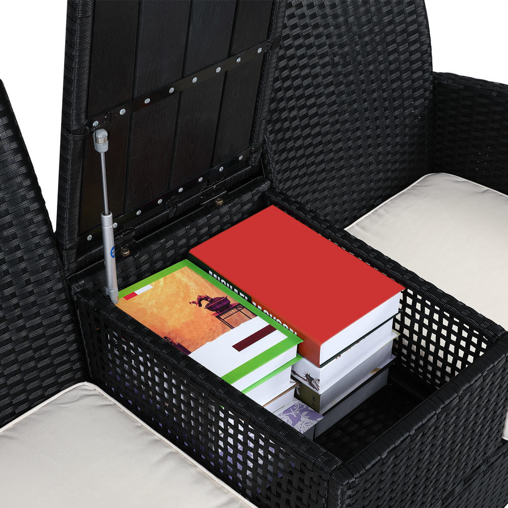 Banc de jardin Casaria Polyrattan - 2 places, table et coussins inclus - Noir