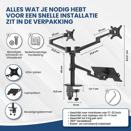 TTD® Bras pour moniteur 2 écrans et ordinateur portable - Bras pour moniteur 3 écrans - Bras pour moniteur 2 écrans et 1 ordinateur portable - Entièrement rotatif et réglable en hauteur - 9 kg par bras - Support pour moniteur - Noir - Aluminium - Support