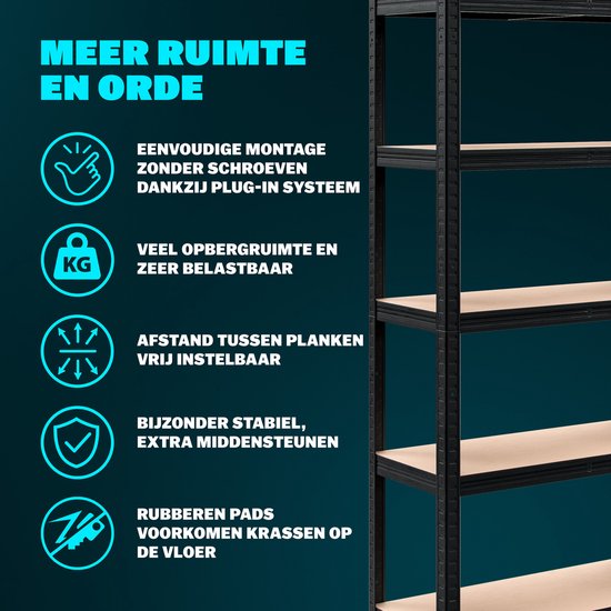 Rack de stockage en métal - 5 étagères en MDF incluses - 180x90x40 cm Noir