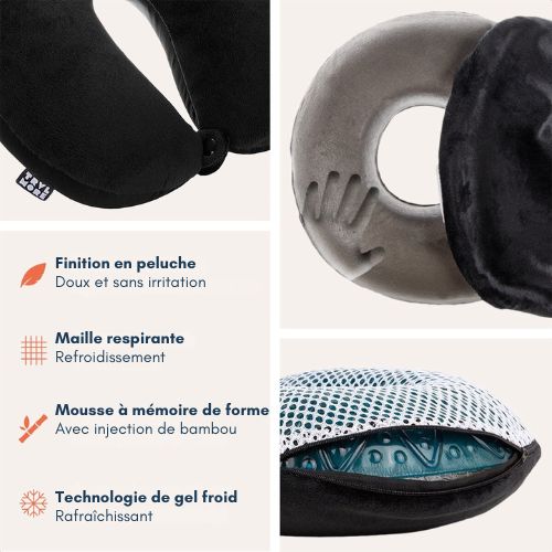 TRVLMORE Oreiller de cou - Oreiller de voyage pour l'avion et la voiture - Forme en U - Mousse à mémoire de forme - Noir